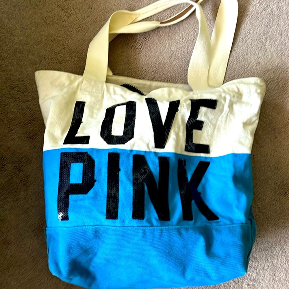PINK by VS beach tote zip up bag! Great for the beach and big! Blue and biege